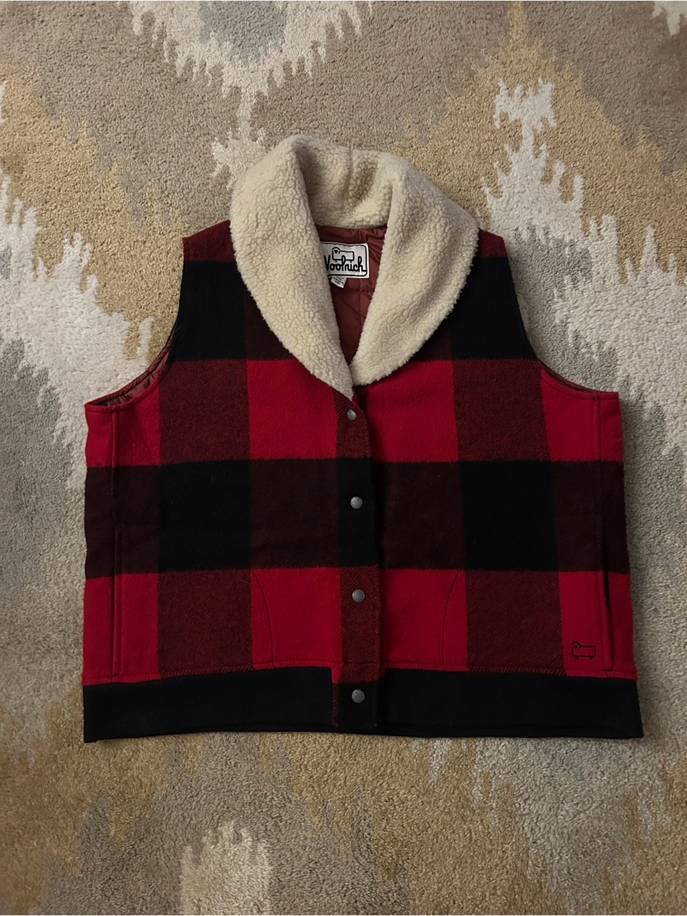 Woolrich Buffalo Plaid Wool Vest Sherpa Collar Women’s Sz 2XL Vintage Look